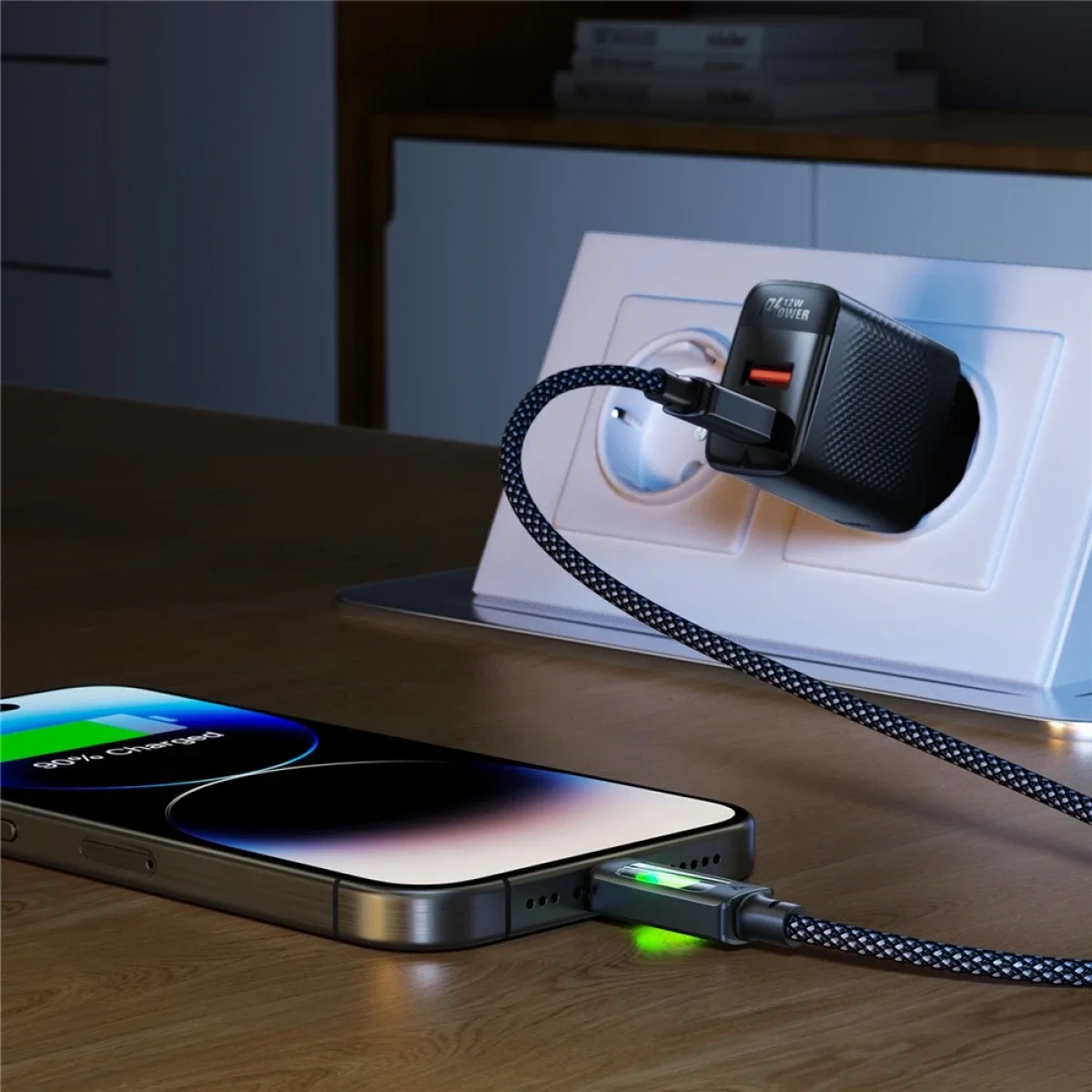 كابل ACEFAST C21-03 مضفر USB-C إلى USB-C بطول 1.2 متر وقدرة 60 واط بإضاءة ملونة - أسود - Thumbnail 7