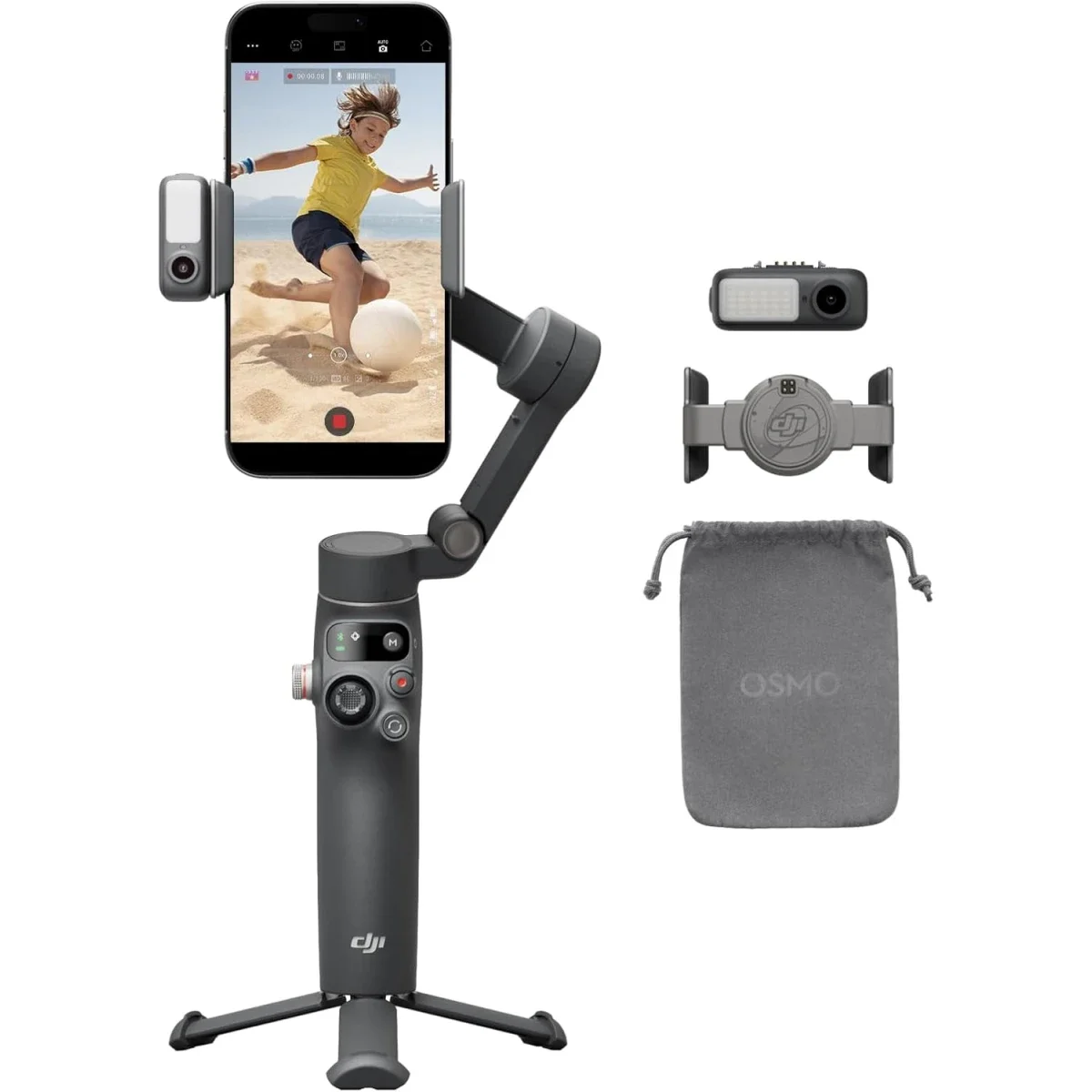 مثبت هاتف DJI Osmo Mobile 7P ثلاثي المحاور مع التتبع والإضاءة والحامل الثلاثي - رمادي