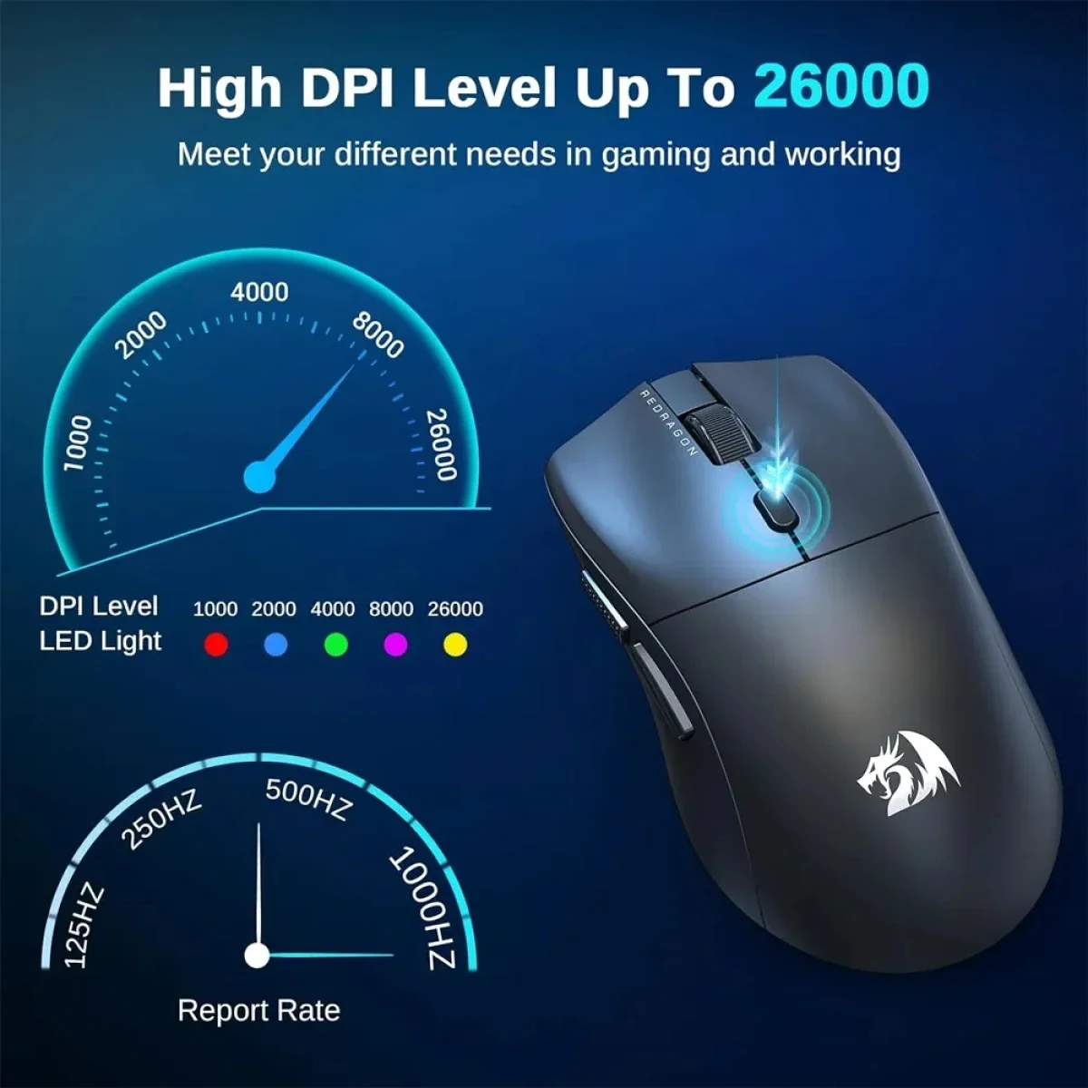 ماوس ألعاب لاسلكي خفيف ثلاثي الاتصال Redragon بدقة 26000 DPI أسود M815 NEVA Pro - Thumbnail 5