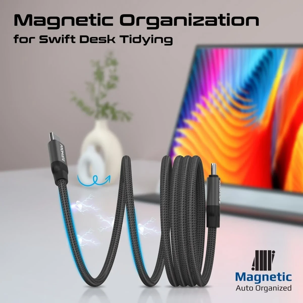 كابل Promate Springy USB-C إلى USB-C مغناطيسي مجدول 60 واط 120 سم أسود - Image 5