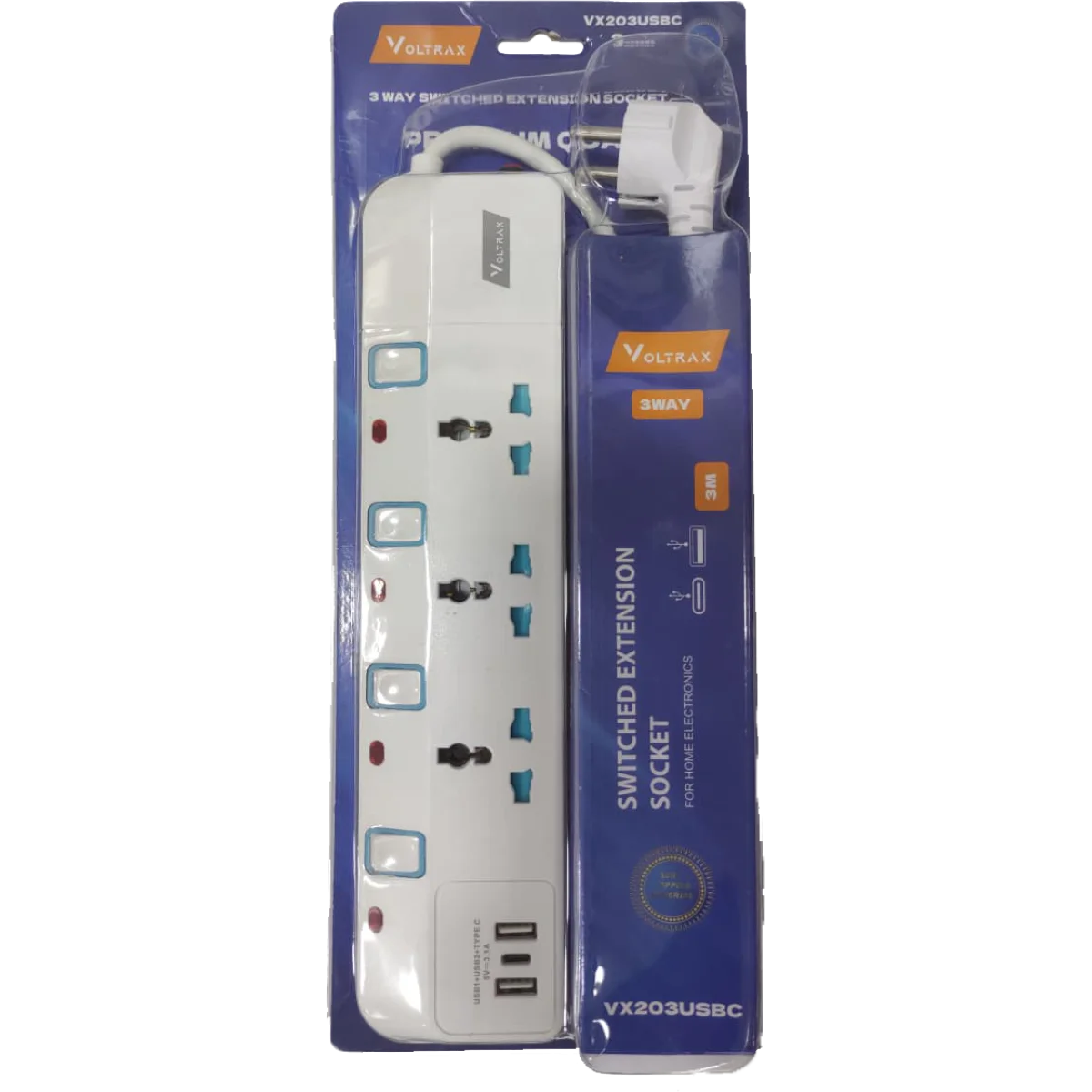 مشترك كهربائي Voltrax VX203USBC 3 متر مع 3 مقابس عالمية و2 USB-A وUSB-C