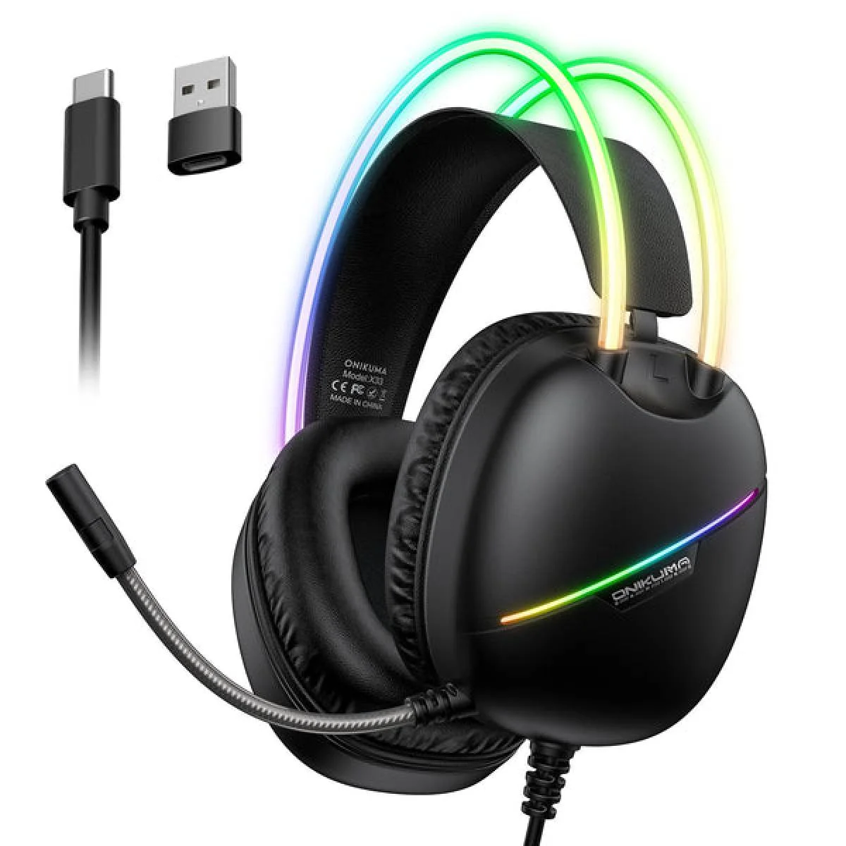 سماعة ألعاب ONIKUMA X33 سلكية USB-C مع مايك وإضاءة RGB - أسود