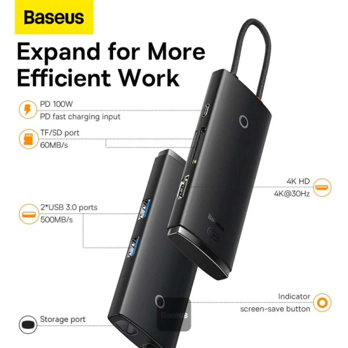 محطة إرساء وموزع Type-C Baseus Lite Series 6 منافذ HDMI وUSB 3.0 وPD وSD/TF باللون الأسود - Image 4