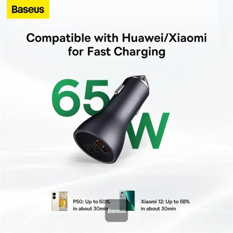 شاحن سيارة Baseus Golden Contactor Pro بقدرة 65W مع USB-A ومنفذين USB-C – رمادي داكن - Thumbnail 5