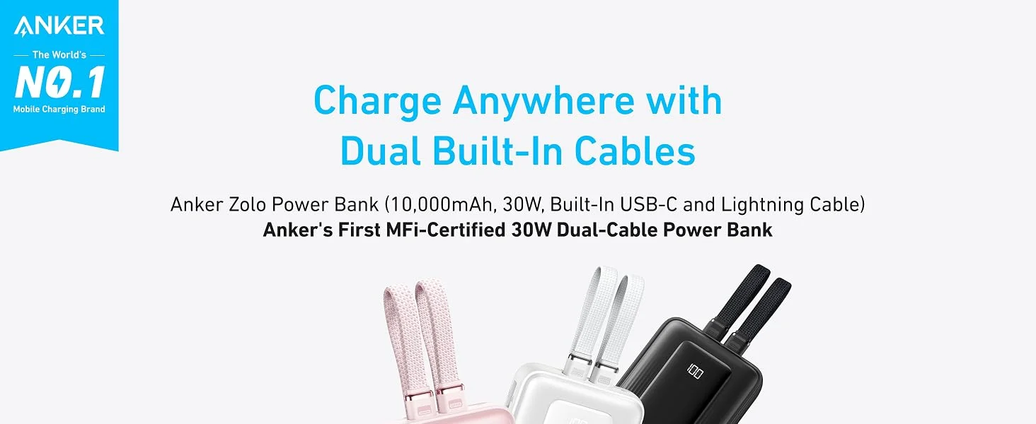Anker Zolo 10000mAh 30W Power Bank with Built-in USB-C & Lightning Cables - White - Thumbnail 4