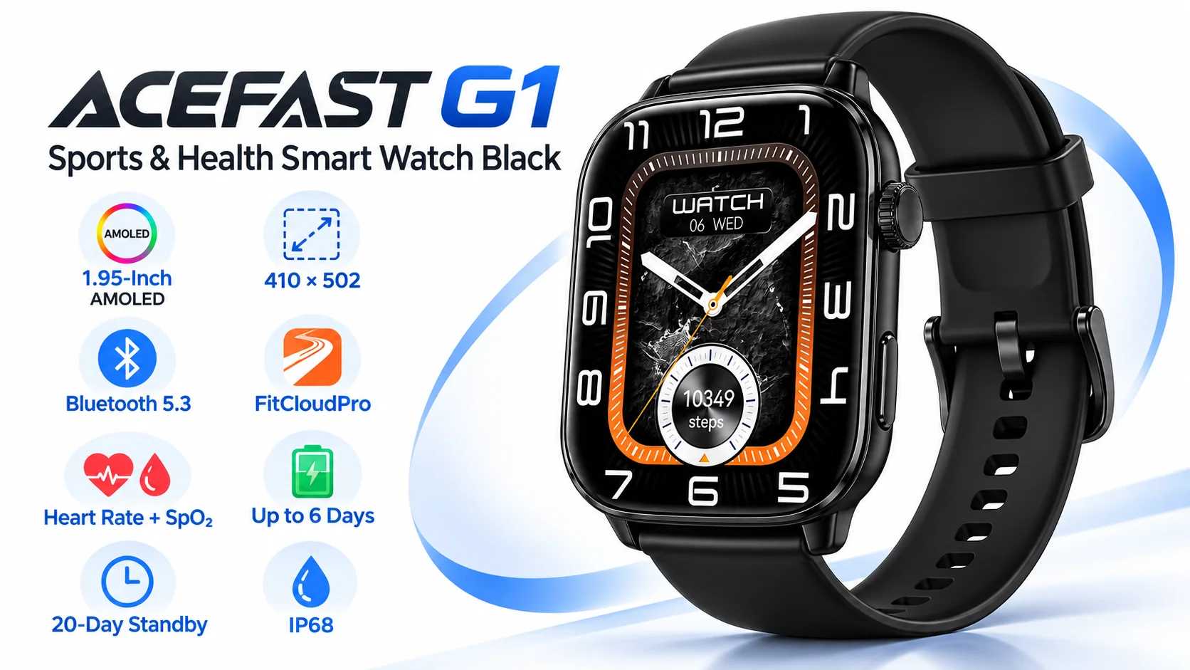 ساعة ذكية ACEFAST G1 بشاشة AMOLED مقاس 1.95 إنش للرياضة والصحة - أسود - Thumbnail 8
