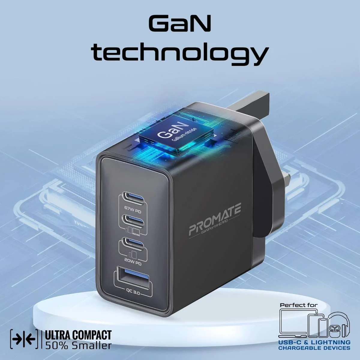 شاحن جداري Promate GaNPort4-67PD بتقنية GaN 67 واط، USB-C مزدوج PD و20 واط وQC 3.0 بقوة 22.5 واط، أسود - Thumbnail 3