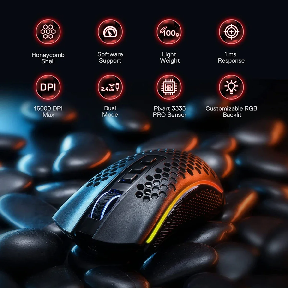 ماوس ألعاب Redragon M808 Storm Pro لاسلكي RGB بهيكل خلية نحل، 16000 DPI، أبيض - Image 10