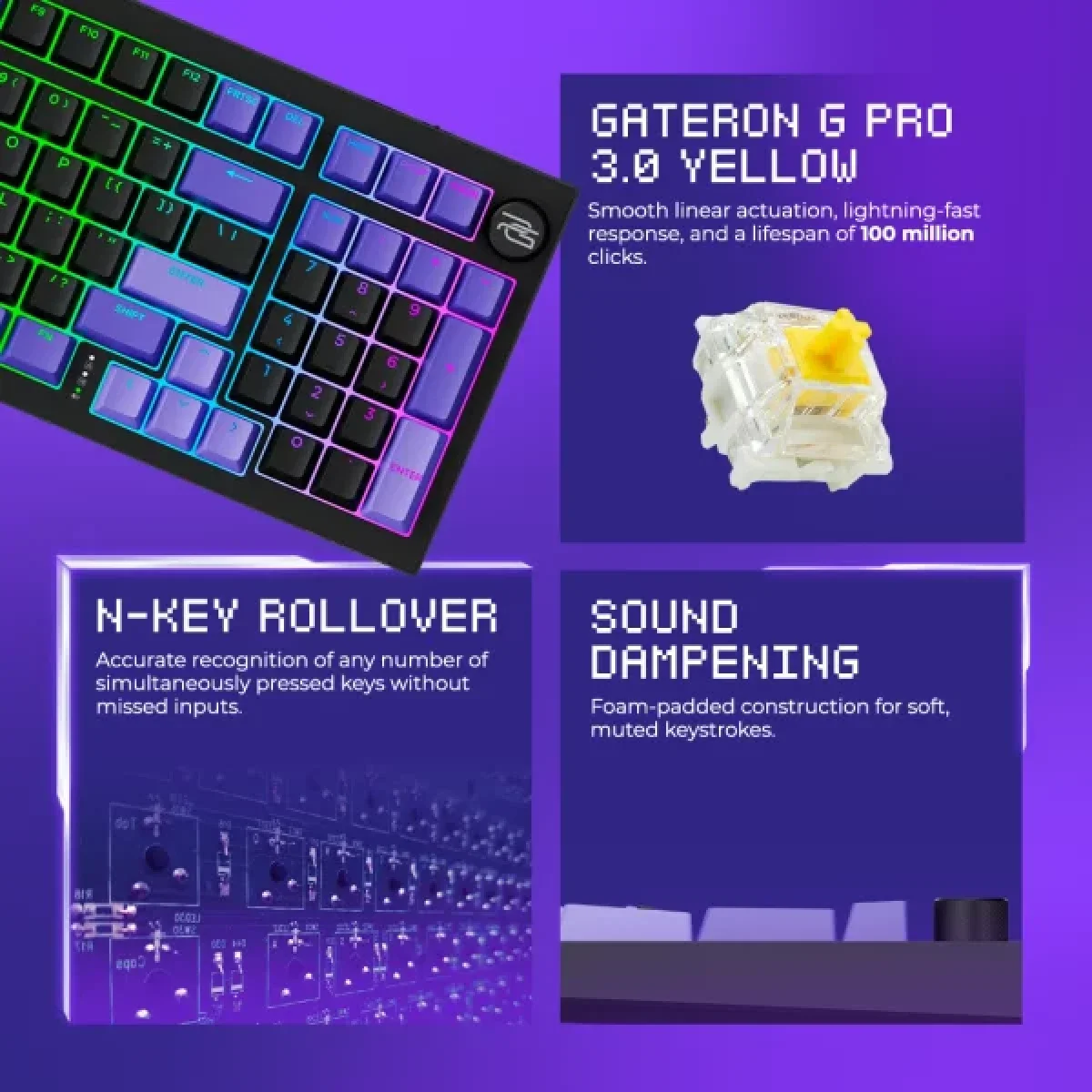 كيبورد Proove Slicker Pro ميكانيكي لاسلكي ثلاثي الوضع 98% بمفاتيح Gateron Yellow أسود/بنفسجي - Thumbnail 8