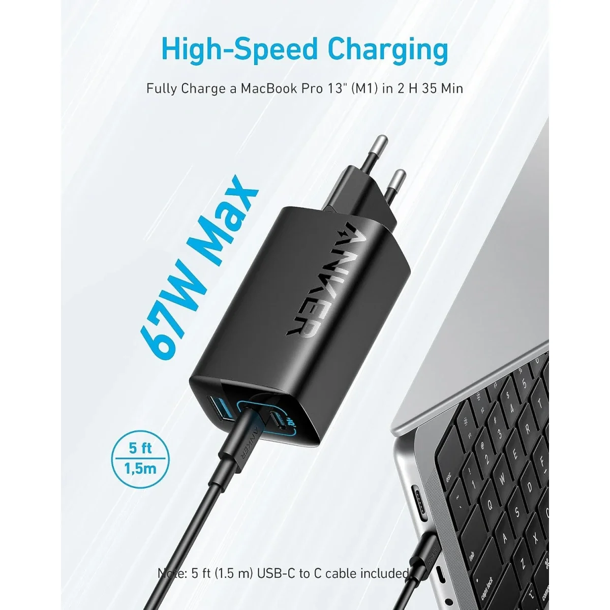 شاحن Anker 335 سريع 67 واط USB-C ثلاثي المنافذ A2673 - Thumbnail 2