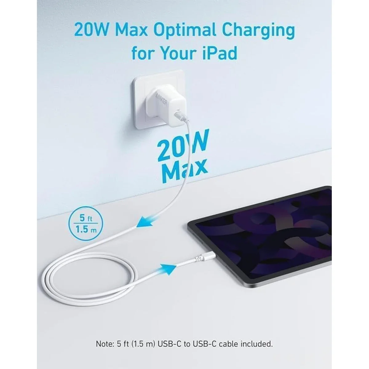 Anker 312 20W USB-C Fast Wall Charger with 5 ft USB-C to USB-C Cable, White - Thumbnail 2