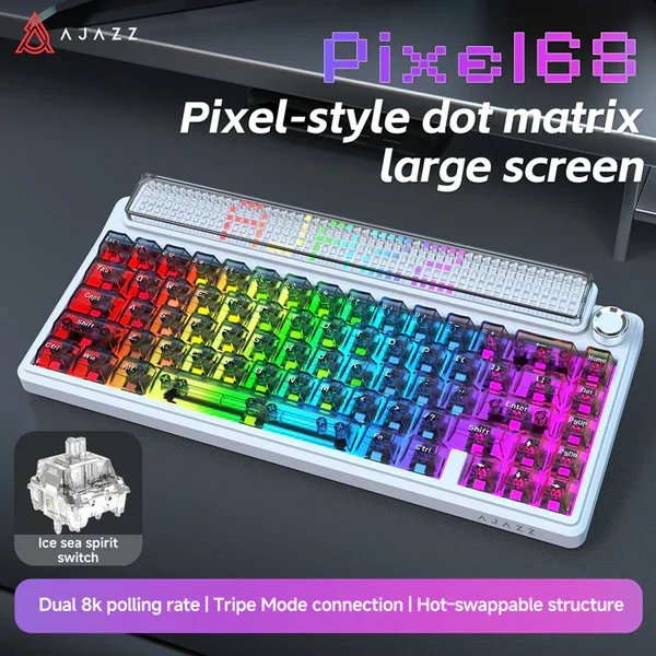 كيبورد AJAZZ Pixel68 ميكانيكي للألعاب، سويتش White Peach، شاشة كبيرة بمصفوفة نقاط، لاسلكي وبلوتوث، سويتشات قابلة للتبديل، Glass Artisan، 8+8K - Image 7