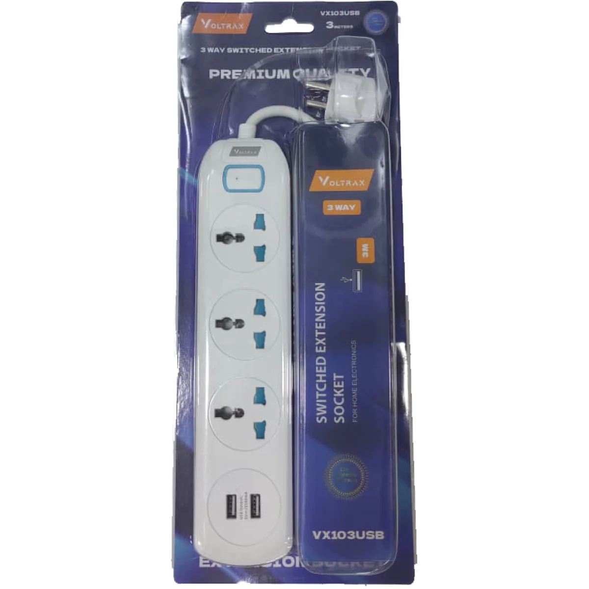 مشترك كهرباء Voltrax VX103USB بطول 3 متر مع 3 مقابس عالمية ومنفذي USB-A