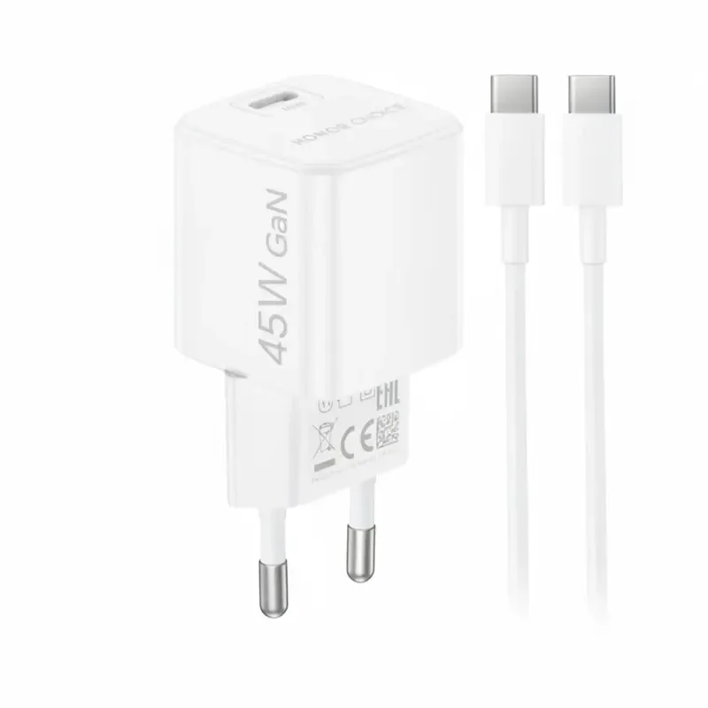 شاحن HONOR CHOICE CX CP045E جداري GaN بقدرة 45 واط USB-C مع كابل 1.2 متر – قابس أوروبي – أبيض
