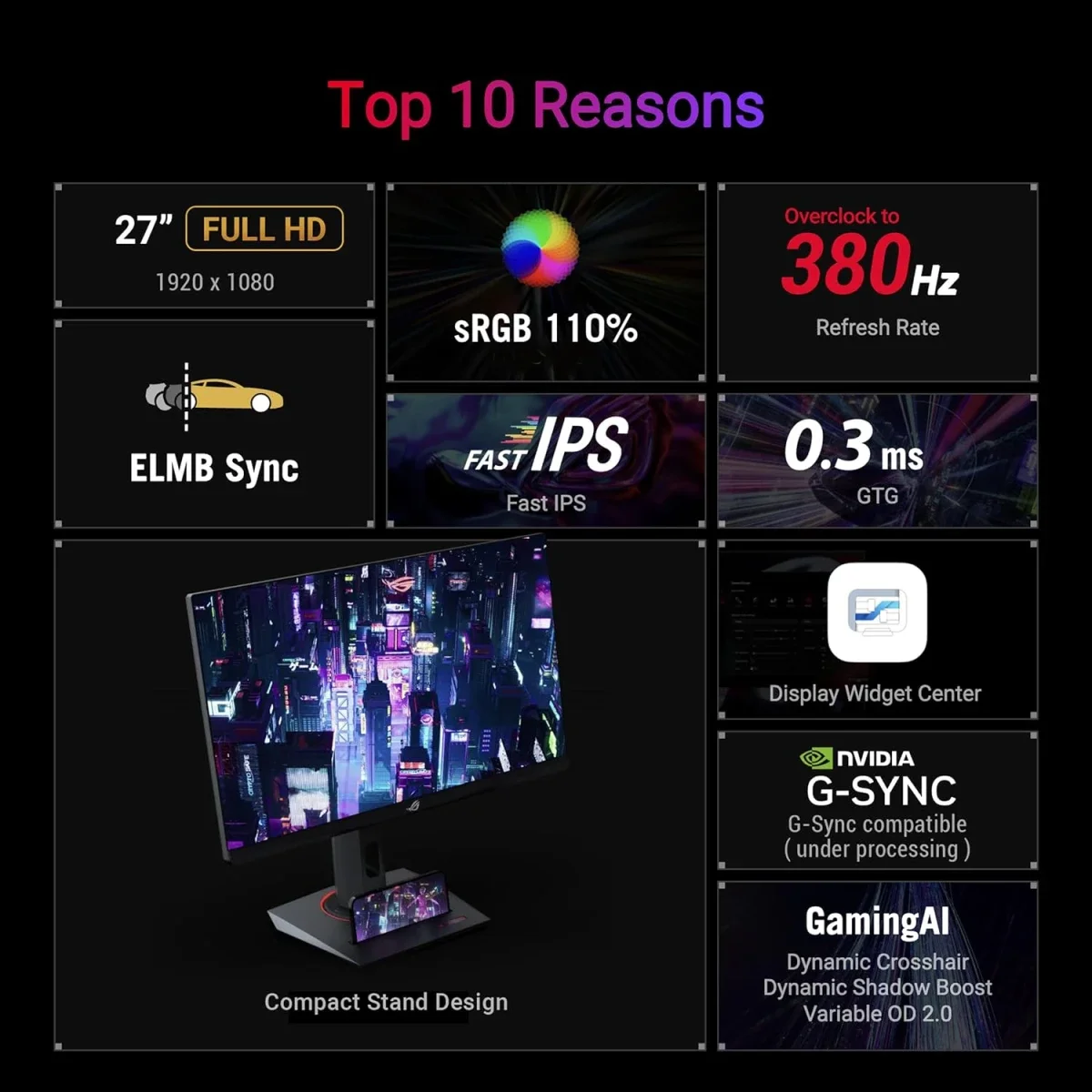 Asus ROG Strix XG279CNS 27-Inch Fast IPS FHD Gaming Monitor, 380Hz, 0.3ms, HDR400 - Thumbnail 2