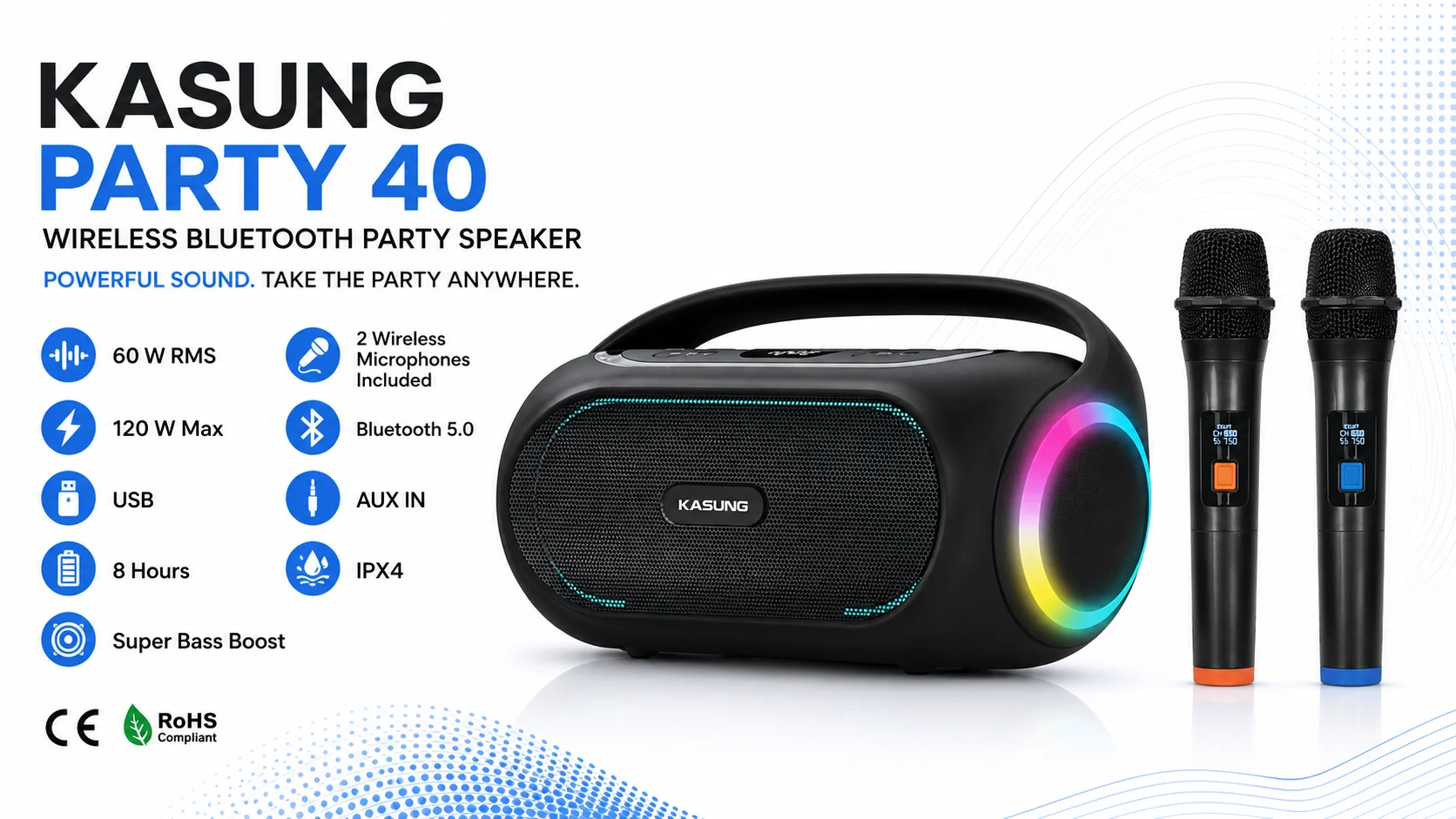 Kasung Party 40 Bluetooth Party Speaker 60W RMS with 2 Wireless Microphones - Black - Image 7