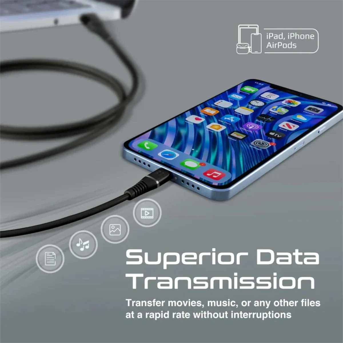 Promate PowerLine-Ai120 USB-A to Lightning Cable 2.4A 120 cm Silicone White - Thumbnail 2
