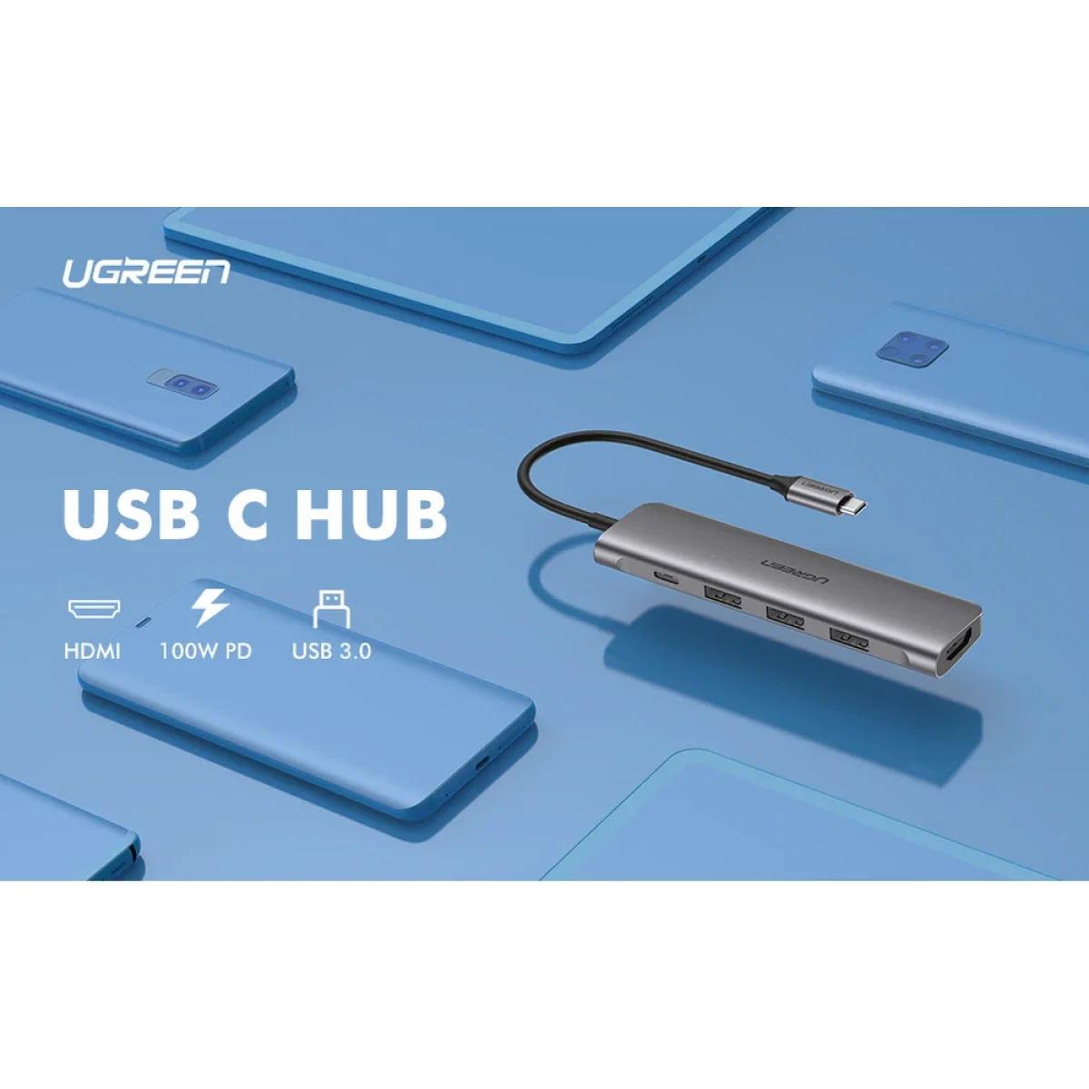 موزع Ugreen 50209 USB-C 5 في 1 مع HDMI بدقة 4K@30Hz و3 منافذ USB 3.0 وشحن PD بقدرة 100 واط - Image 2