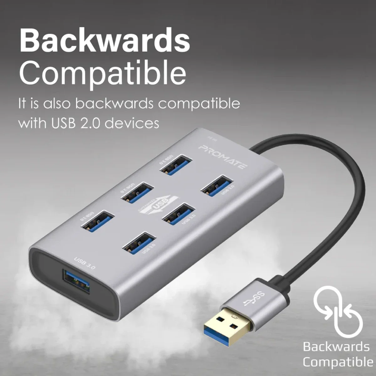 Promate EzHub-7 7-in-1 Powered USB Hub with 7 USB 3.0 Ports and USB-C Adapter - Image 2