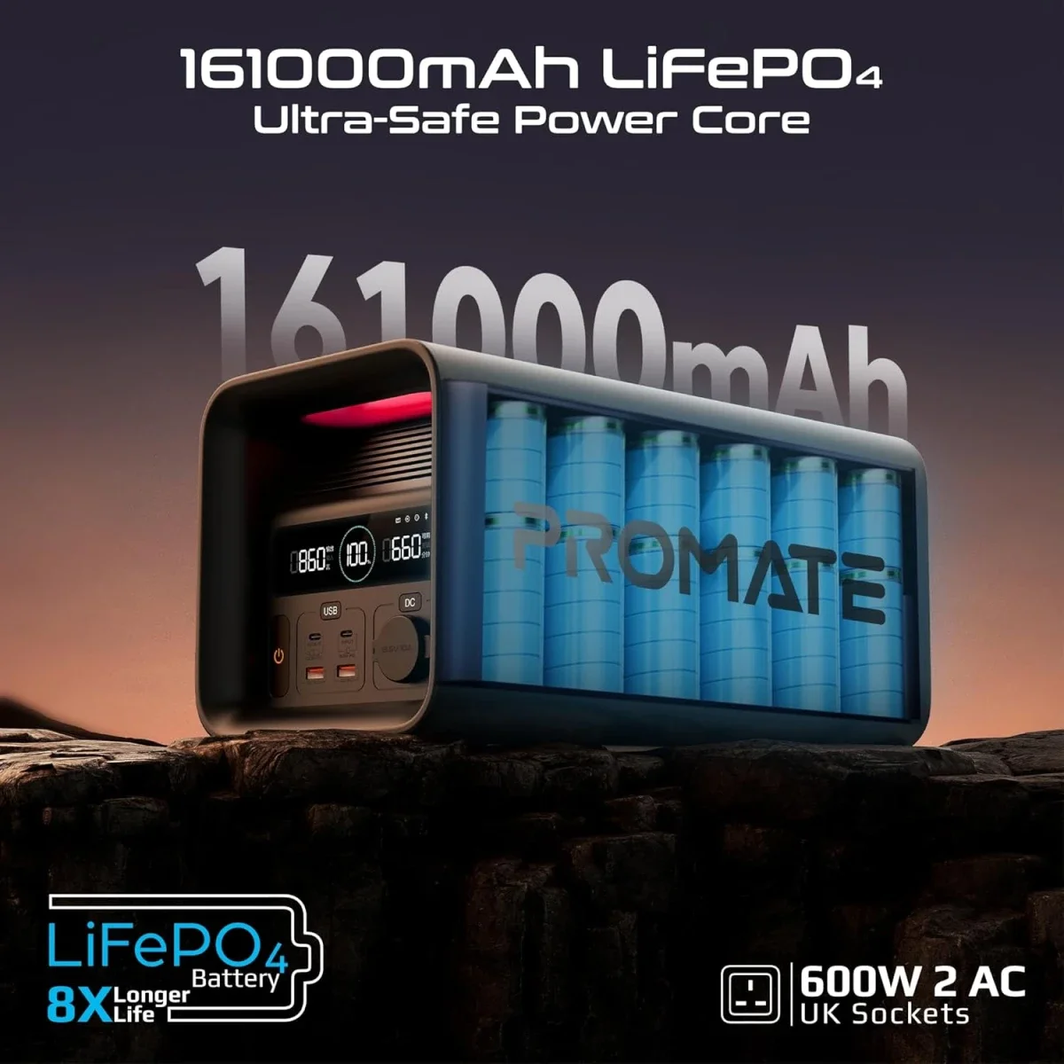 محطة طاقة محمولة Promate PowerTank-600 بقدرة 600W وبطارية LiFePO4 سعة 161000mAh لون أسود - Thumbnail 8