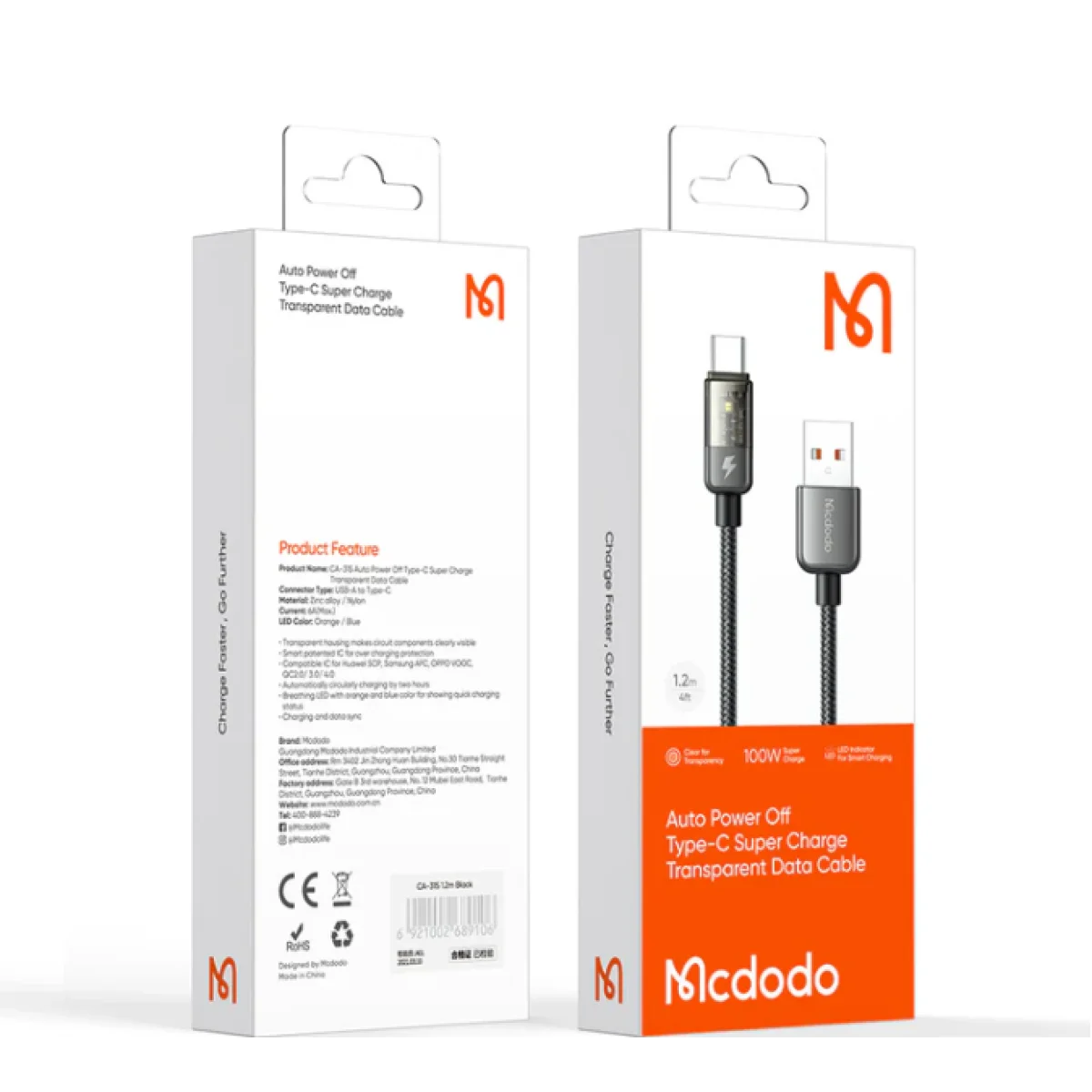 كابل Mcdodo CA3150 Type-C شفاف للشحن السريع ونقل البيانات 6A 100W بطول 1.2 متر - Image 6