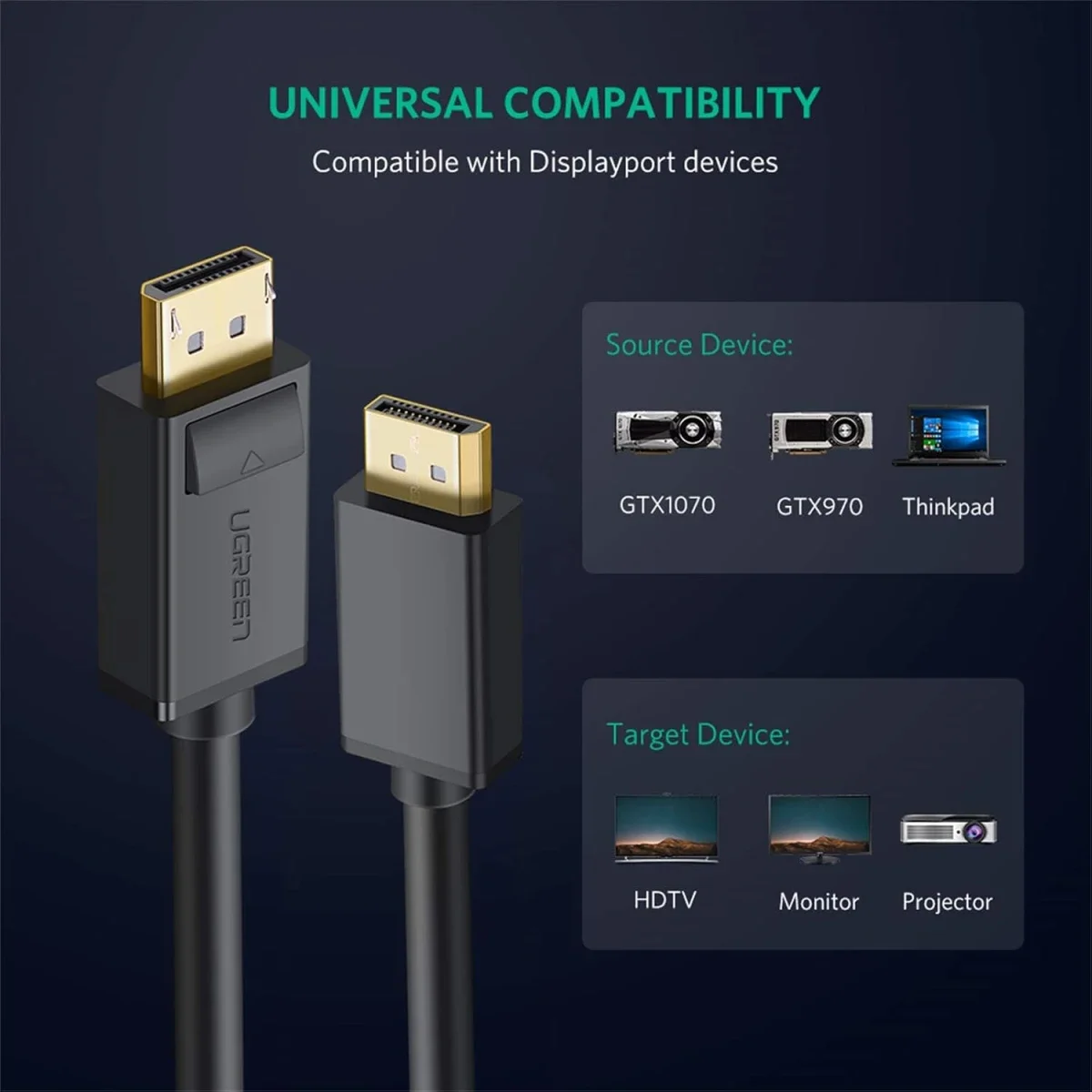 سلك DisplayPort إلى DisplayPort من Ugreen 1.2 بدقة 4K 60Hz بطول 2 متر أسود - Image 2