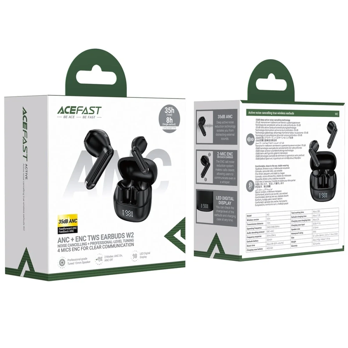 ACEFAST W2 TWS Bluetooth 5.4 ANC Earbuds with LED Charging Case - Black - Thumbnail 6