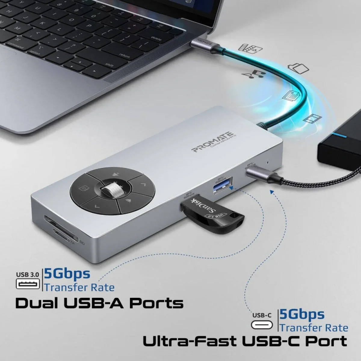 موزع USB-C متعدد المنافذ Promate Comandhub-Pro 14 في 1 مع 100W PD وHDMI بدقة 4K 60Hz وإيثرنت 1Gbps، رمادي - Image 4