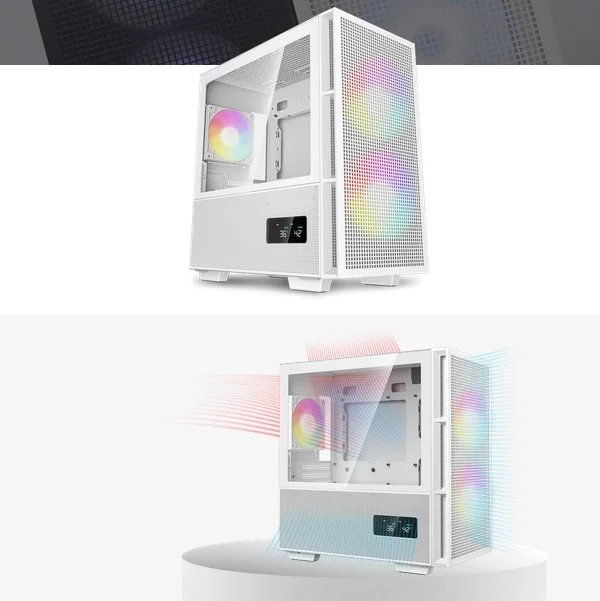 DeepCool CH360 Digital Micro Tower High Airflow Case with 2x140mm + 1x120mm ARGB Fans and Dual Status Display - White - Image 9