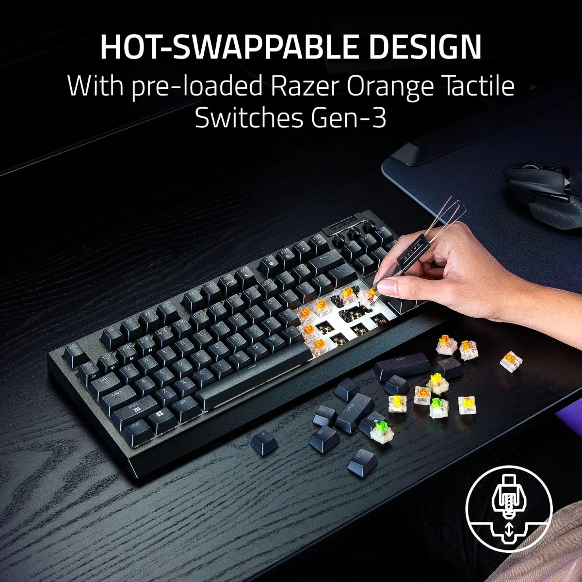 Razer BlackWidow V4 Tenkeyless HyperSpeed Wireless Hot-Swappable Gaming Keyboard, Orange Tactile Switches, Bluetooth & HyperSpeed 1000Hz, Snap Tap, US QWERTY - Black - Image 9