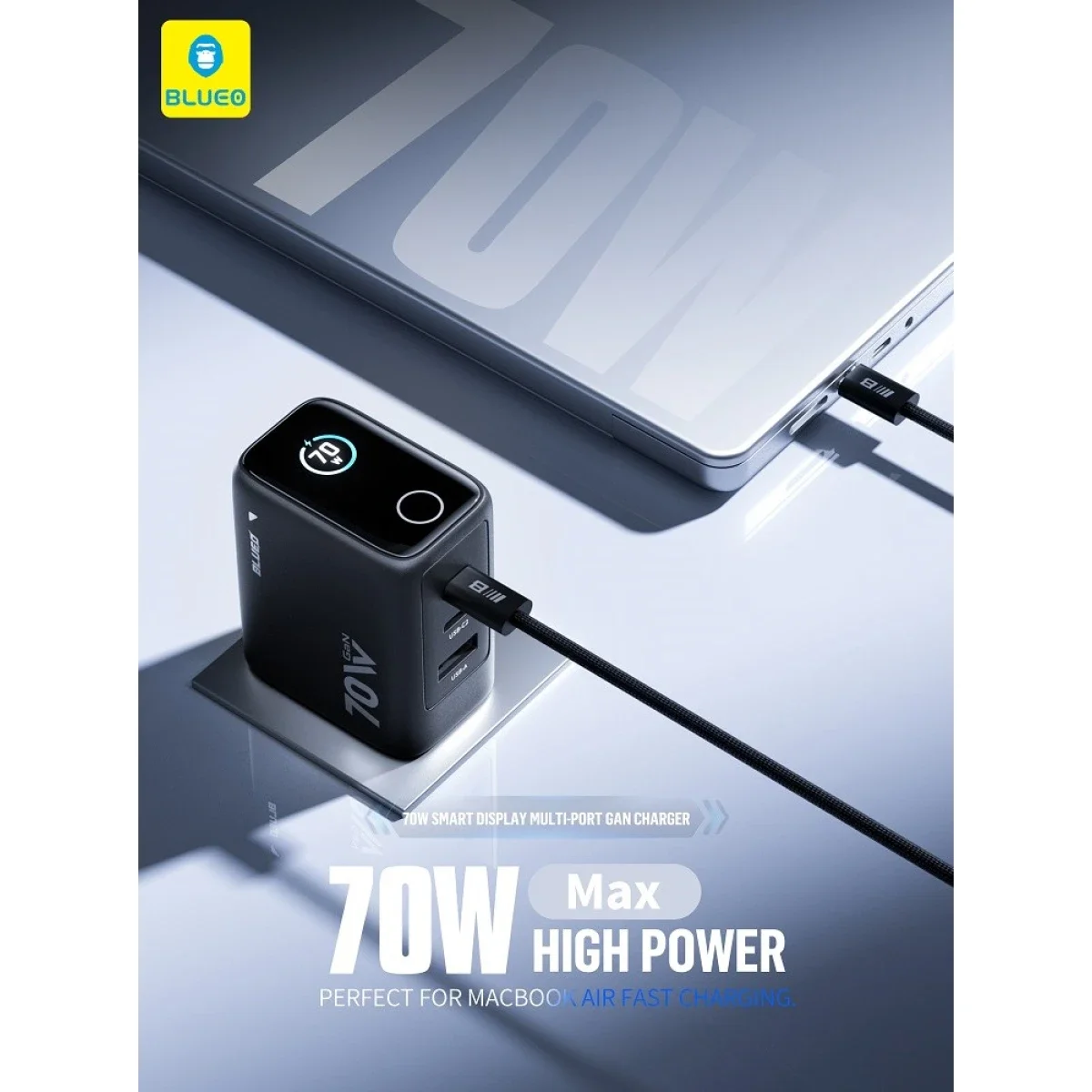 BLUEO Mr. Gorilla LC013 70W GaN 3-Port Smart Display Fast Charger EU Plug - Black - Image 3