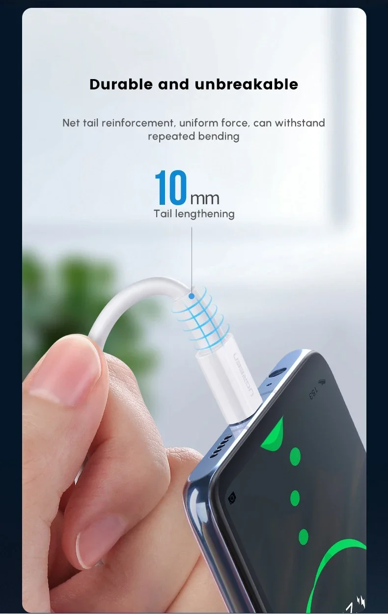 كابل شحن سريع USB-A إلى USB-C من Ugreen QC3.0 3A بطول 1 متر لون أبيض - Image 5