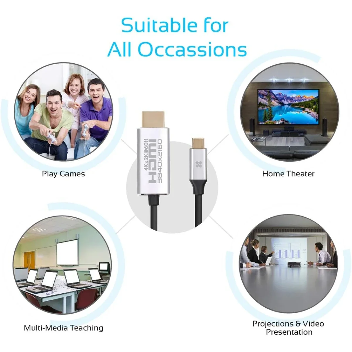 كابل Promate HDLink-60H من USB-C إلى HDMI بدقة 4K 60Hz بطول 1.8 متر، رمادي - Image 2