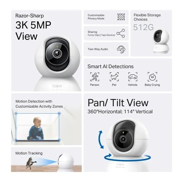 كاميرا مراقبة منزلية TP-LINK Tapo C230 واي فاي متحركة 3K 5MP، كشف بالذكاء الاصطناعي ورؤية ليلية حتى 40 قدم - Thumbnail 3