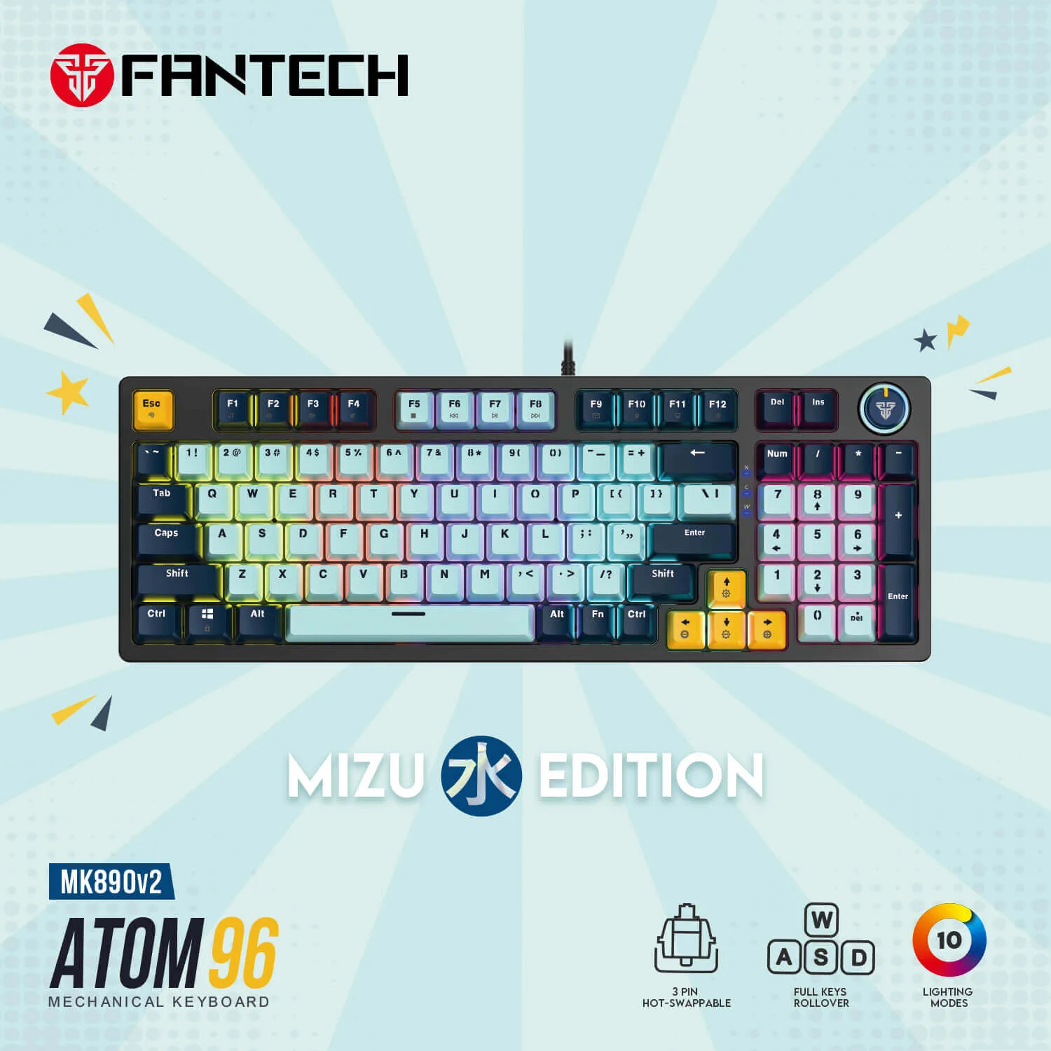 كيبورد ألعاب ميكانيكي Fantech ATOM96 MK890V2 - Mizu Series Sky Blue - Thumbnail 3