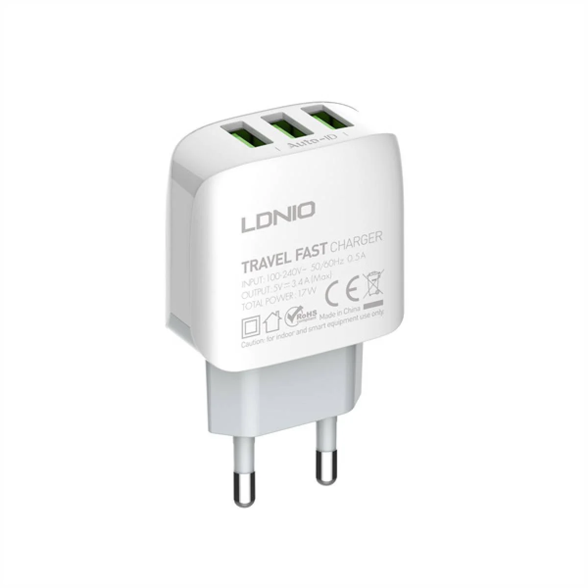 LDNIO A3312 17W 3-Port USB-A AUTO-ID EU Wall Charger with Fast Charging - Image 2