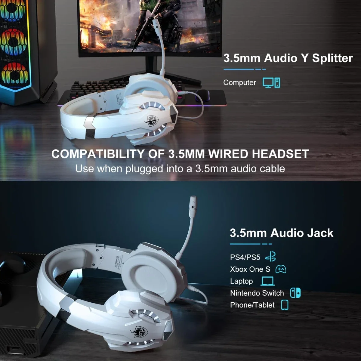 PHOINIKAS Wireless Gaming Headset with Detachable Mic, 2.4G, 7.1 Sound, White - Image 3