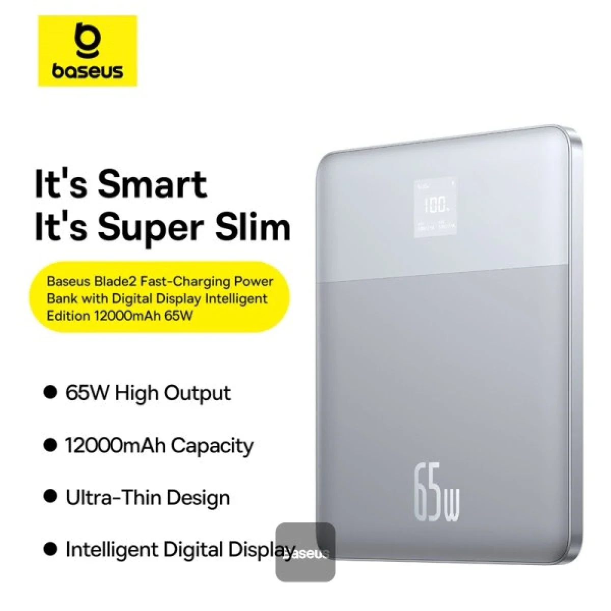 باور بانك Baseus Blade2 بسعة 12000mAh وشحن سريع 65W فائق النحافة مع شاشة رقمية - فضي - Thumbnail 7