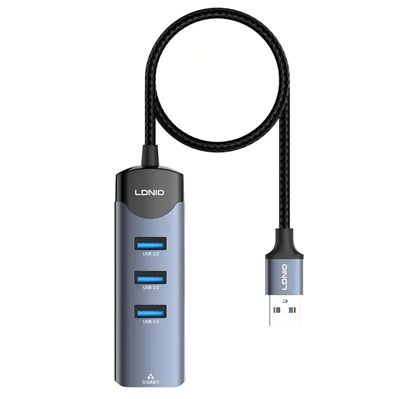موزع USB LDNIO DS-134U-1.2M ‏4 في 1 بمدخل USB-A و4 منافذ USB 3.0، سرعة 5Gbps، كابل 1.2 متر، توصيل وتشغيل لأجهزة Mac وWindows وAndroid