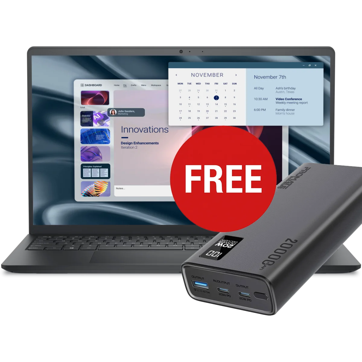لابتوب Dell Pro 15 Essential PV15250 بمعالج Core i7-1355U وذاكرة 8GB وSSD 512GB وشاشة 15.6 إنش FHD 120Hz مع باور بانك 20000mAh