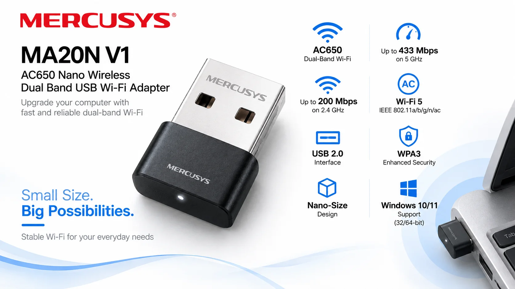 محول واي فاي MERCUSYS MA20N V1 AC650 نانو USB للكمبيوتر واللابتوب، ثنائي النطاق، Windows 10/11، WPA3 - Thumbnail 8