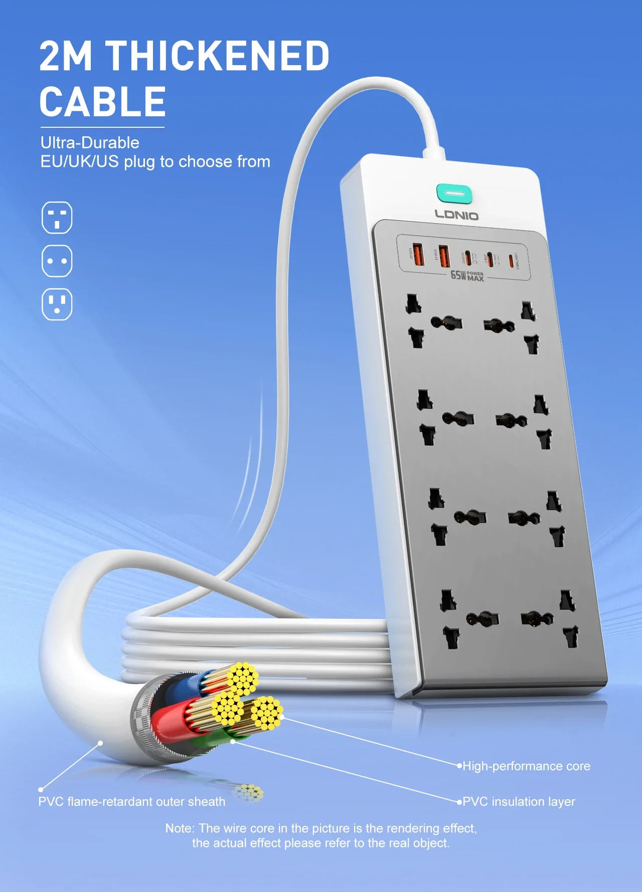 LDNIO SC4 13-in-1 65W GaN PD Power Strip with 8 AC Outlets, 2m Cable - Image 14