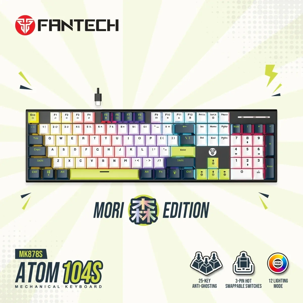 لوحة مفاتيح ميكانيكية سلكية كاملة الحجم Fantech أبيض/أزرق بمفاتيح Rosie ATOM104S MORI MK878S - Image 3