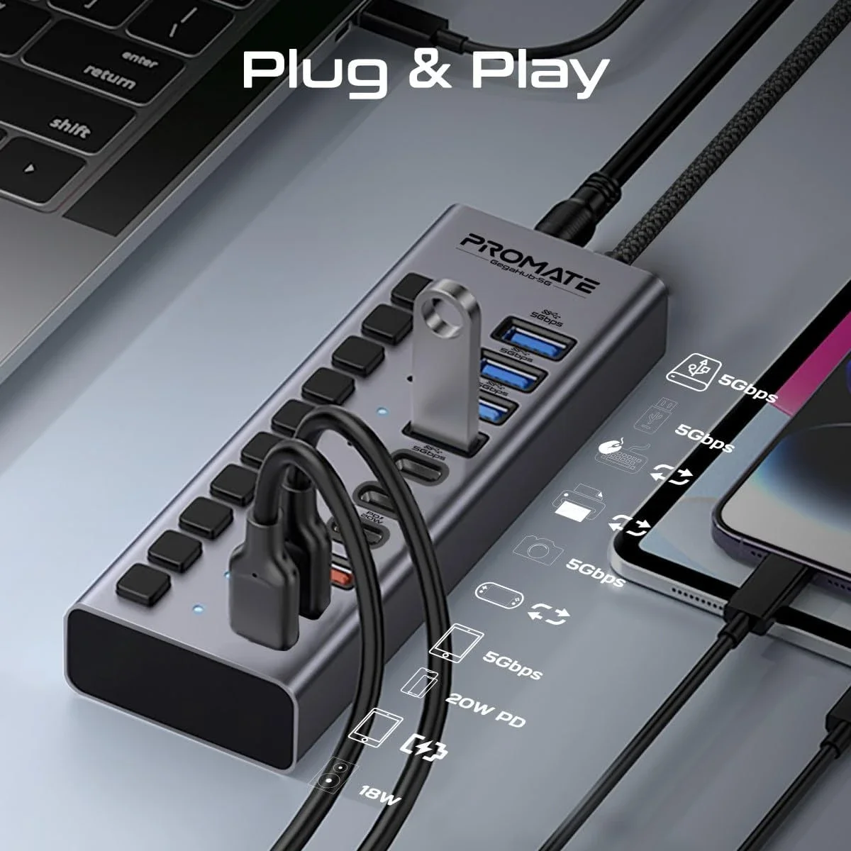 موزع Promate GegaHub-5G متعدد المنافذ USB-C 10 في 1 بسرعة 5Gbps وشحن PD بقوة 20W - Thumbnail 2