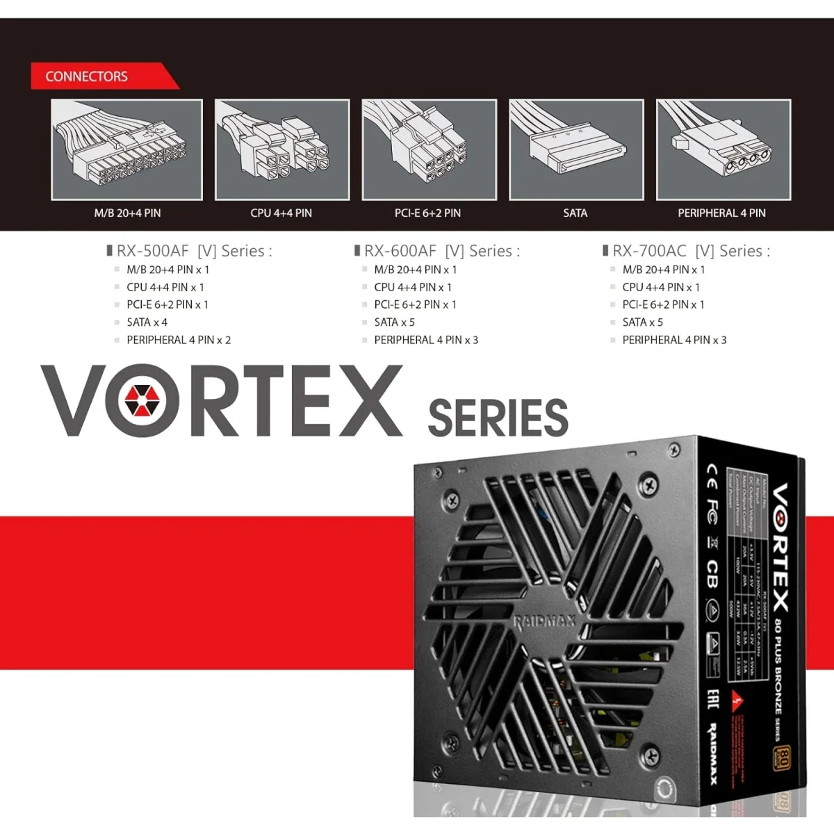 مزود طاقة Raidmax Vortex بقدرة 700 واط وكفاءة 80 بلس برونزي ATX مع مروحة هادئة 120 مم، أسود - Thumbnail 3