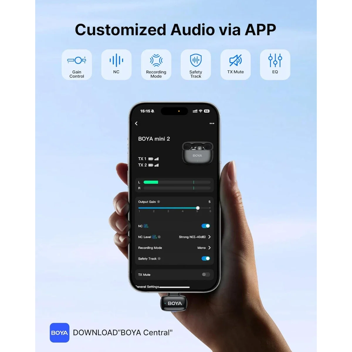 BOYA mini 2-01 Wireless Lavalier Microphone Type-C & Lightning, 48kHz/24-Bit, Black - Thumbnail 6