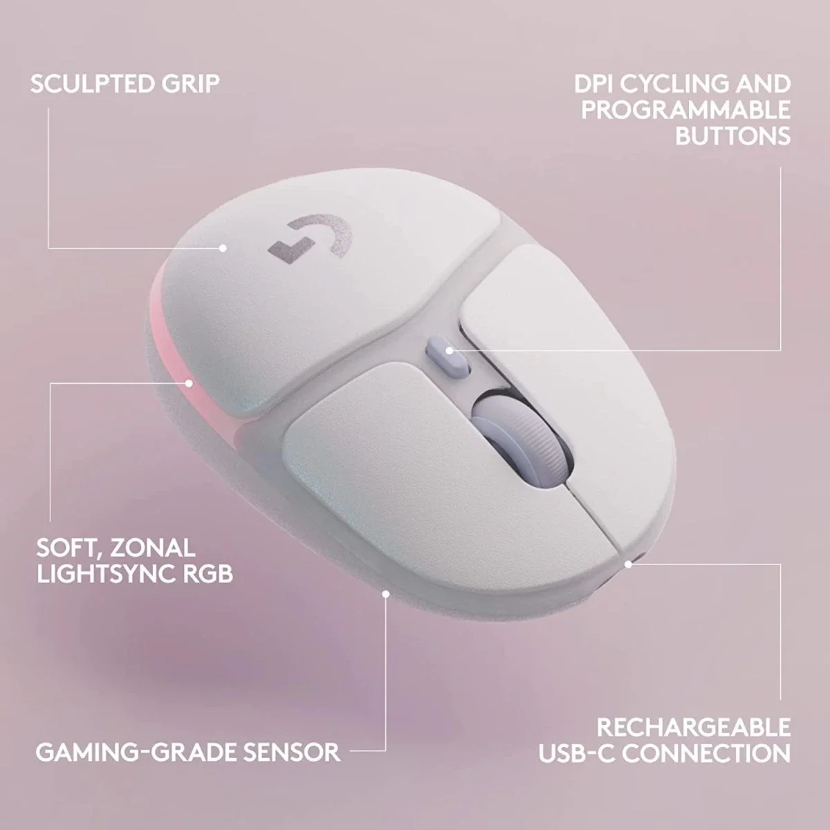 ماوس ألعاب لاسلكي Logitech G705 بإضاءة LIGHTSYNC RGB ودقة 8,200 DPI، أبيض ميست - Thumbnail 6
