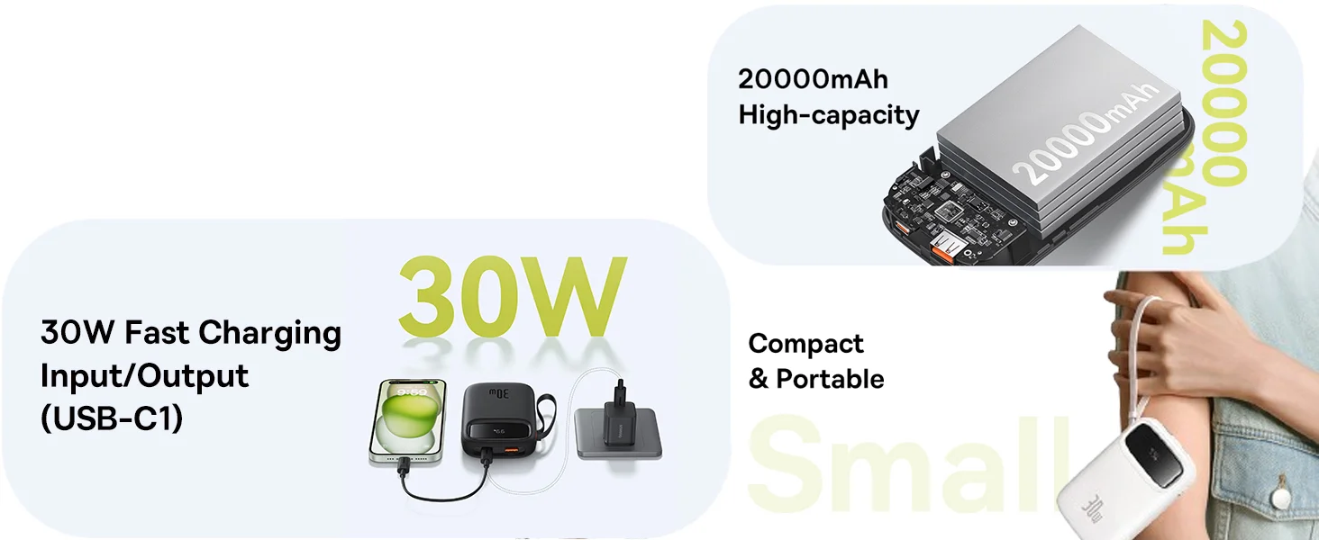 Baseus QPow2 20000mAh 30W Fast Charge Power Bank with Built-in Dual Type-C Cable - Black - Thumbnail 16