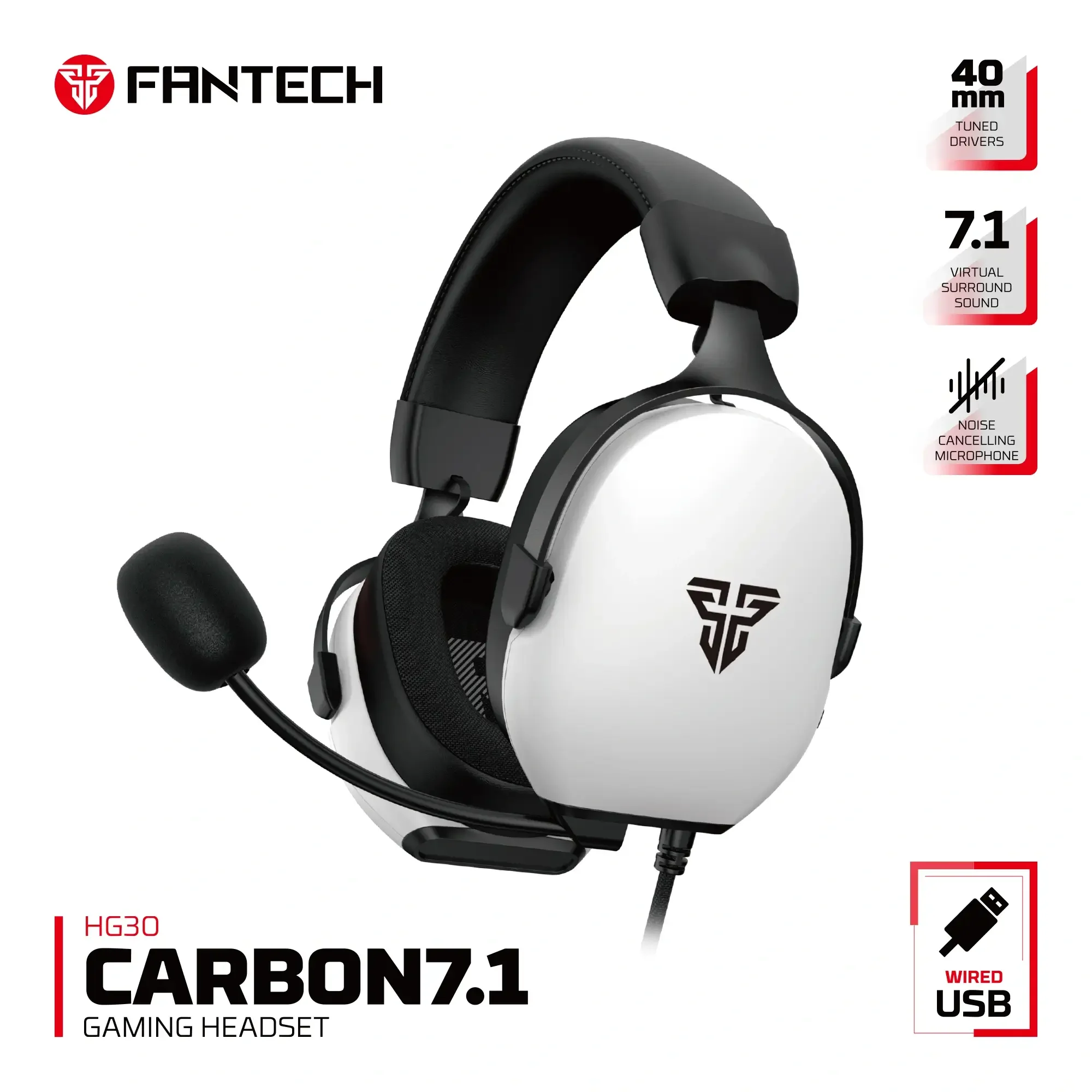 سماعة رأس سلكية  للألعاب Fantech HG30 Carbon 7.1 Surround Sound - أبيض - Thumbnail 3
