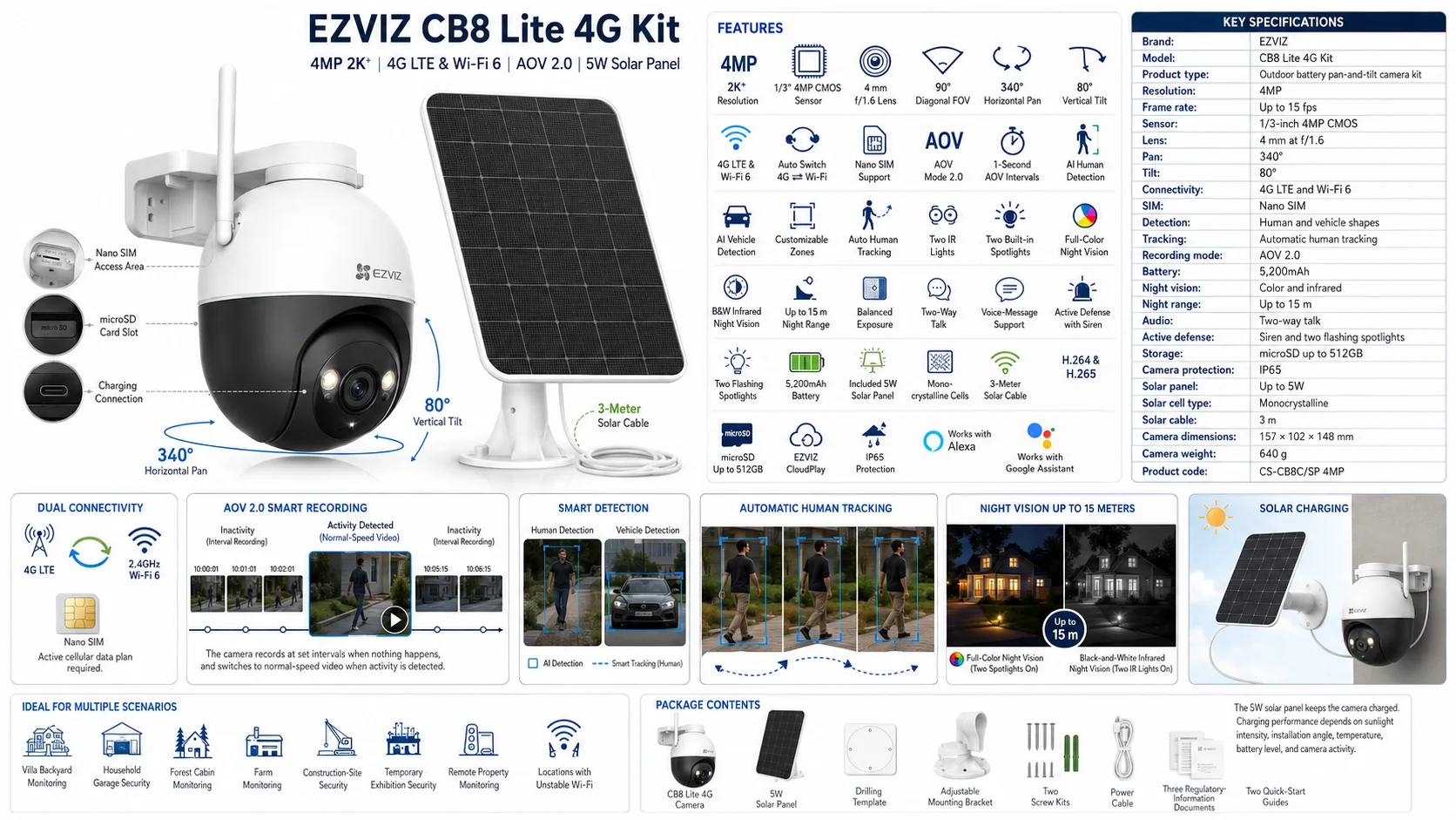 كاميرا مراقبة خارجية Ezviz CB8 Lite 4G Kit تعمل بالبطارية وتدعم التحريك والإمالة بدقة 2K+ مع لوح شمسي 5W CS-CB8C/SP 4MP - Thumbnail 8
